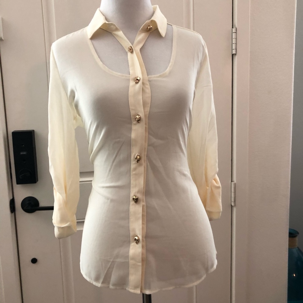 Elegant Cream Skull Button-Down Blouse